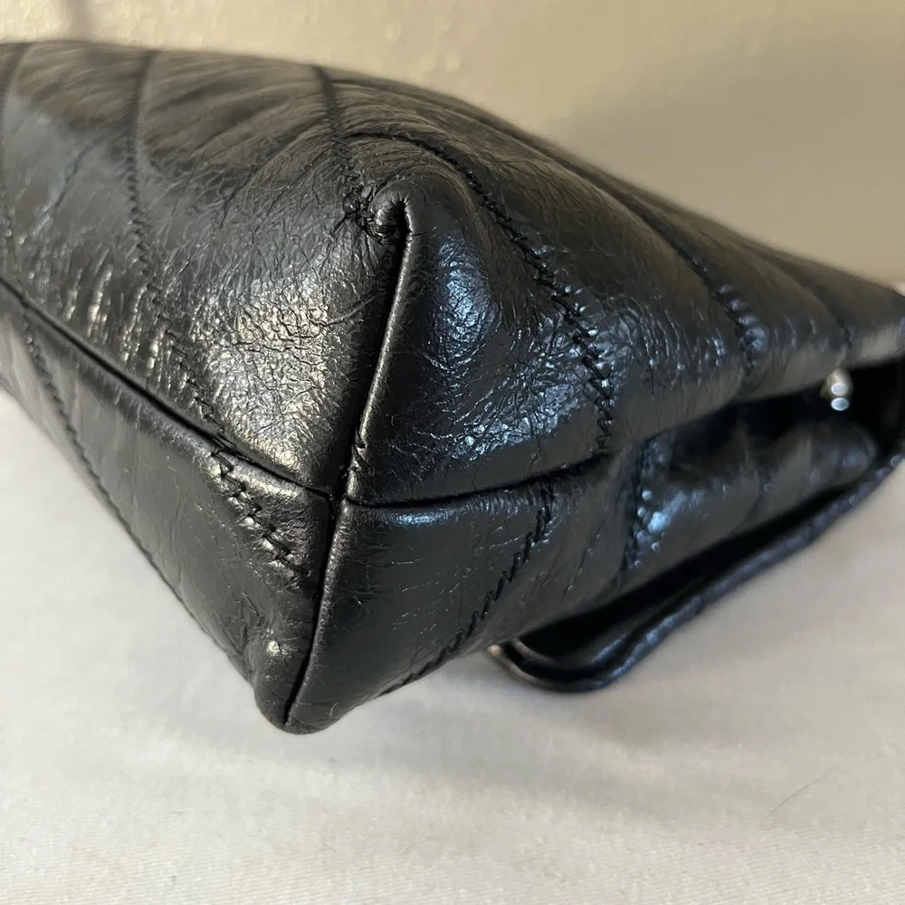 Tory Burch Kira Black Glazed Leather Crossbody Shoulder Bag Silver Hardware